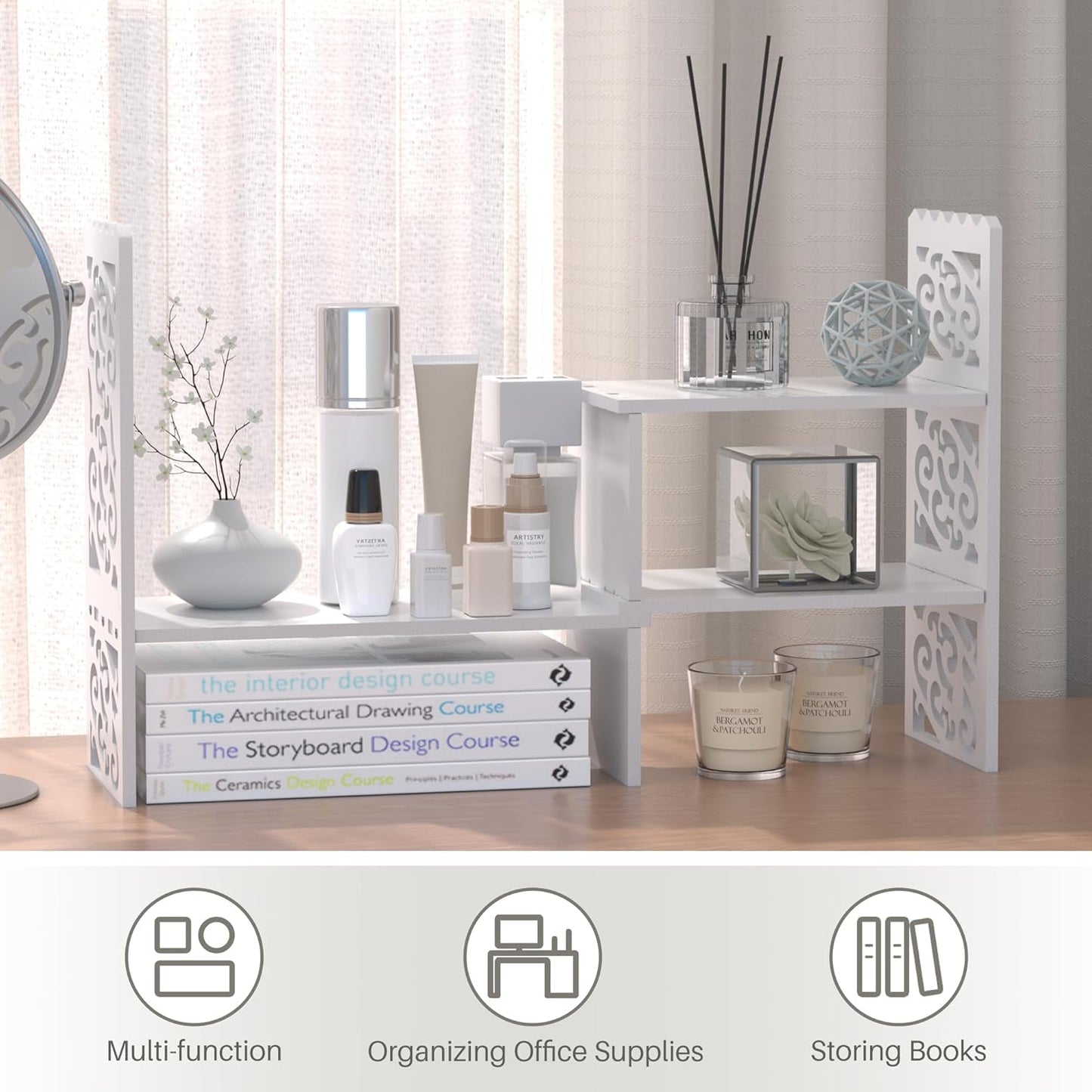 Jerry & Maggie - WPC Desktop Organizer White Office Storage Rack Shelf | Birthday Gifts - Toy - Home Decor | Free Style Rotation Display Modern Luxurious Stand Shelf (White)