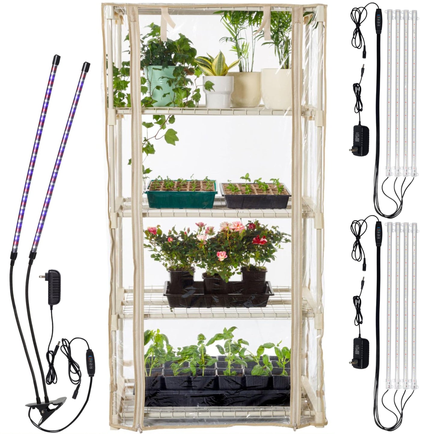 Carpathen Indoor Greenhouse with 8 LED Lights Strip + 1 Gooseneck Plant Lamp Clip-on - Mini Greenhouse with Zip PVC Cove