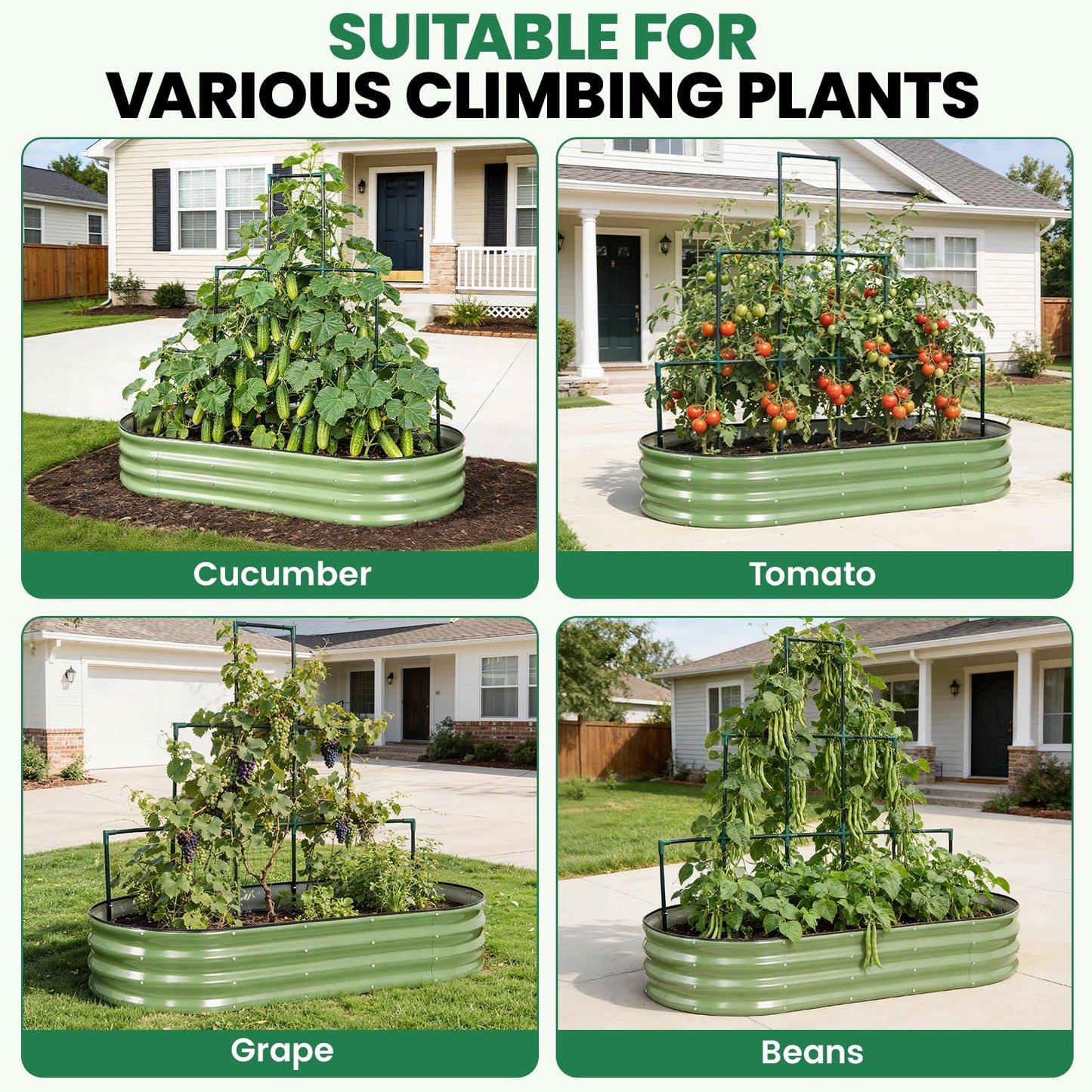 VIREO GARDEN Galvanized Raised Garden Bed with Wall Trellis | 6x3x1FT Metal Raised Garden Beds Outdoor for Gardening Climbing Plants | Planter Box Outdoor with Gloves for Vegetable Flower, OliveGreen