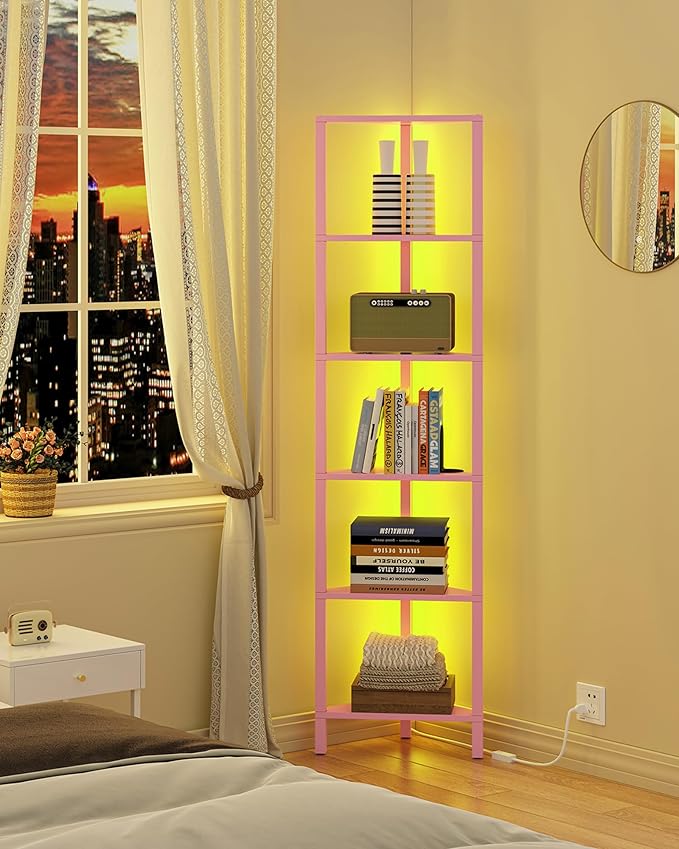 TUTOTAK Corner Shelf with LED Light, 6-Tier Corner Bookshelf