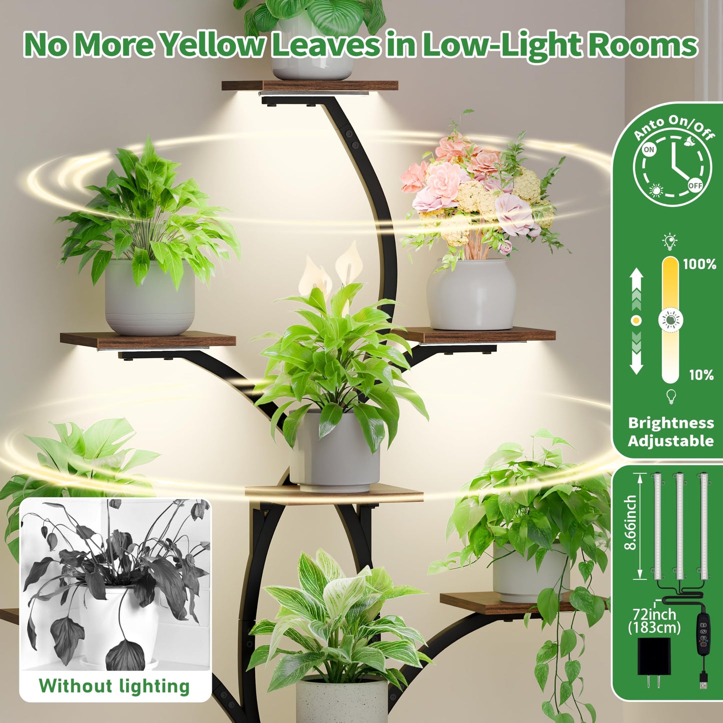 CODACE Plant Stand Indoor with Grow Lights, 6 Tiered Plant Shelf Indoor, 50" Corner Plant Stands for Indoor Plants, Lighted Tree-Shaped Plant Holder, Tall Flower Display Rack for Living Room