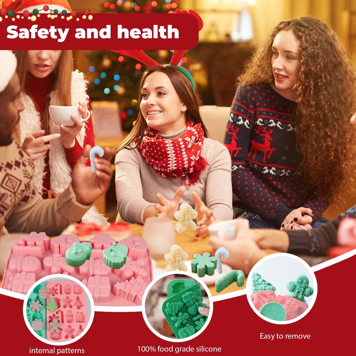 2PCS Christmas Silicone Cake Molds, 3D Christmas Chocolate Candy Molds, Snowflake Gingerbread Xmas Tree Cane Santa Snowman Shapes Baking Molds for DIY Candy Soap Jelly Ice Cube Tray Cake Topper
