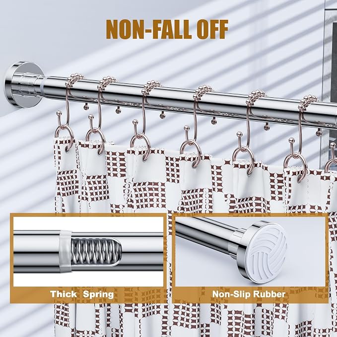 Ausemku Shower Curtain Rod Tension, 32-94 Inch Adjustable Heavy Duty Spring Tension Curtain Rod, No Drill Stainless Steel Telescoping Rod for Bathroom, No Rust, Silver