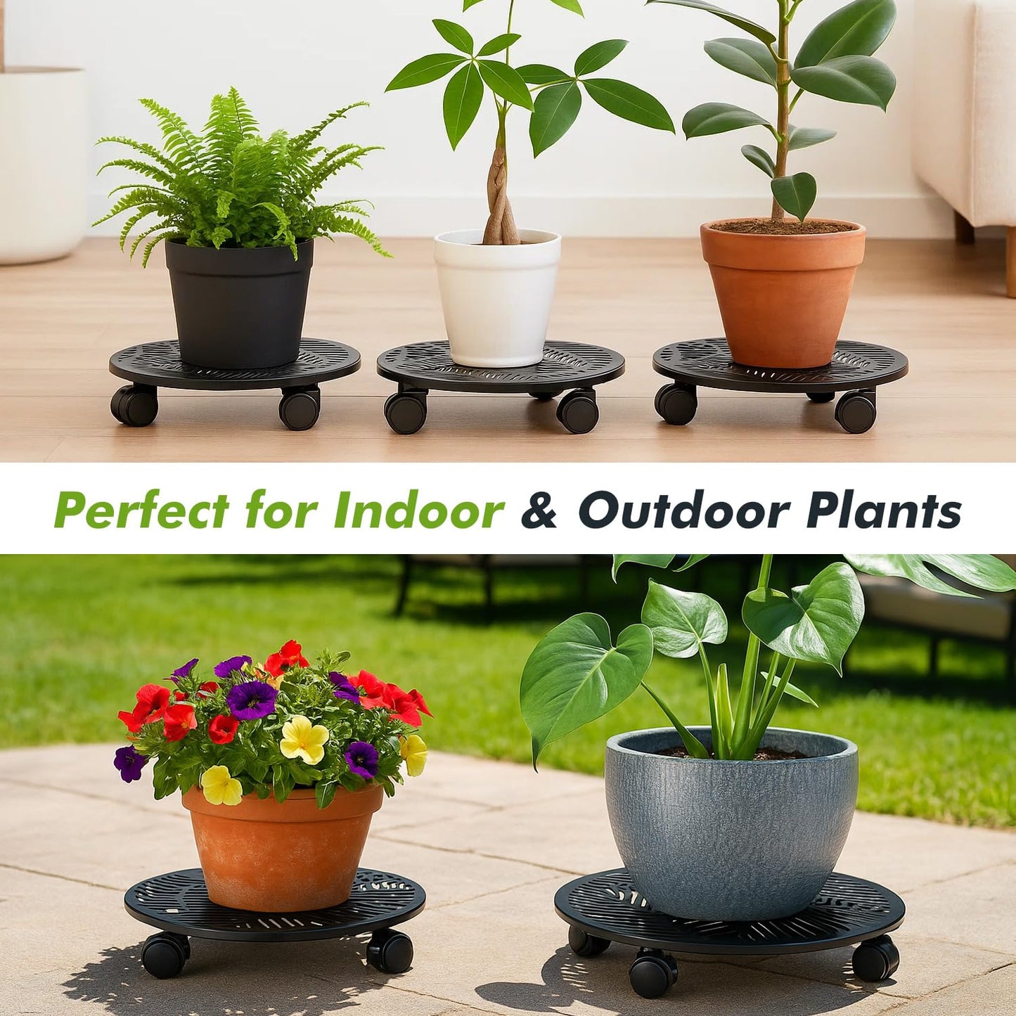 Planterhoma 2 Packs 12 Inch Large Metal Plant Caddy with Wheels Heavy-duty Rolling Plant Stand with Casters Flower Pot Mover Roller Base Flower Pot Dolly Coaster Trolley, Tropical Leaf