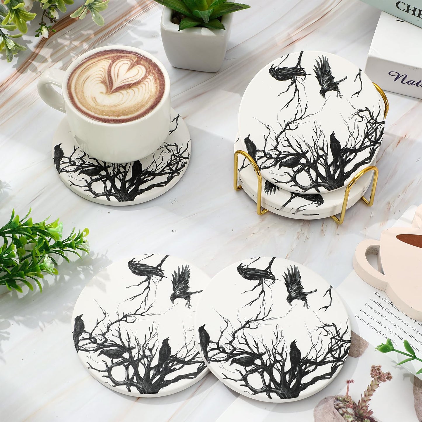 6Pcs Halloween Coasters with Holder Silhouette Tree Crows Drink Coasters Branches Black Ceramic Cup Mats for Party Home Office Table Decor