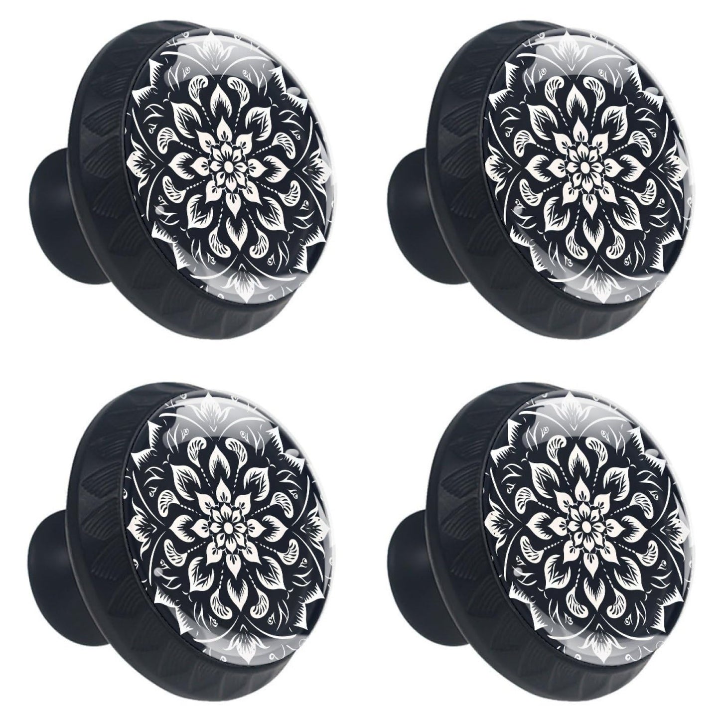 CWAGFEQZ 4-Pc Round Drawer Pulls and Knobs,Handles for Cabinets and Drawers,Black White Floral Flower Closet Door Knobs