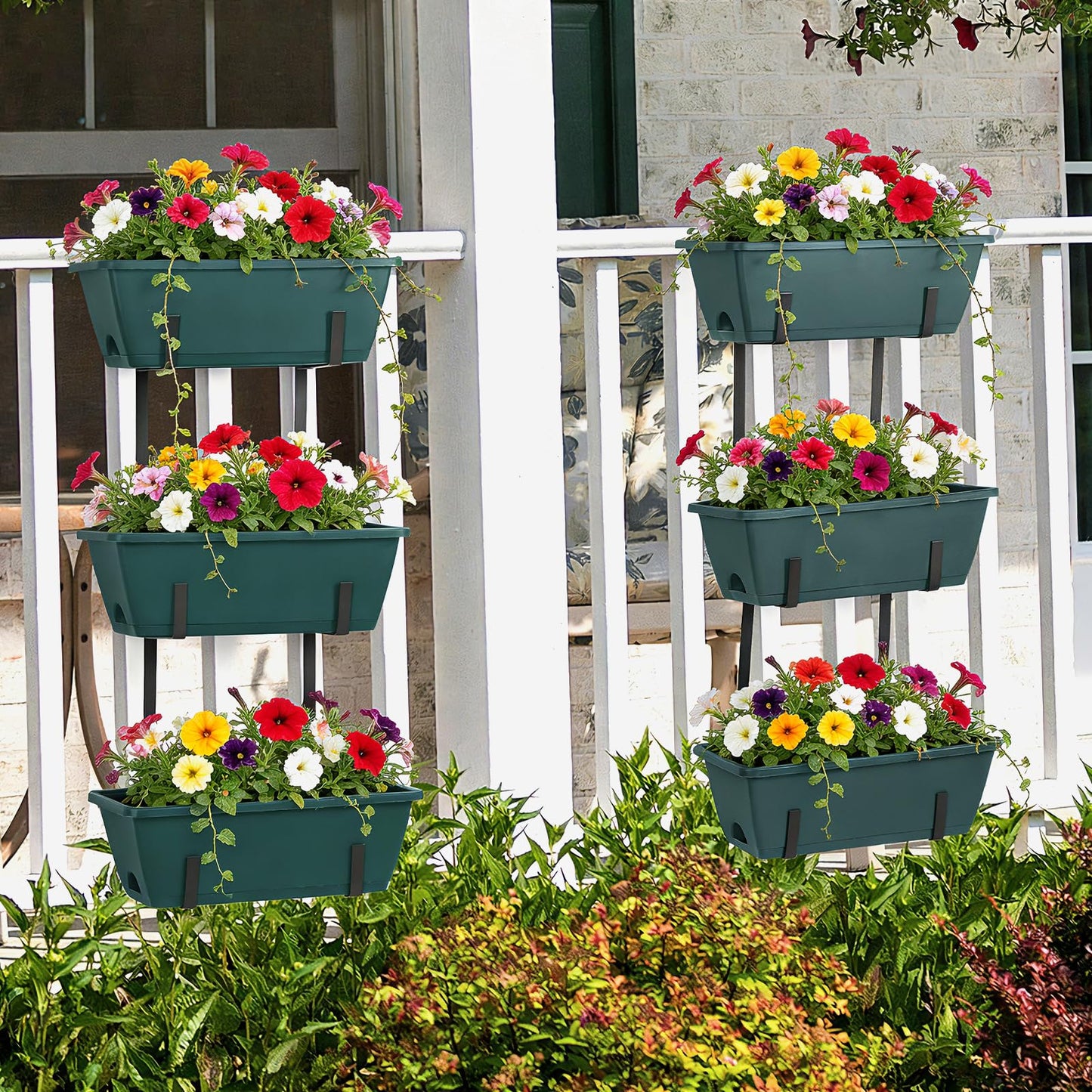 Window Boxes Planters with Adjustable Brackets Set of 2 Outdoor Fence Planters, Over the Deck Railing Planter Box with 6 Pack Hanging Plastic Flower Pots, Drainage Holes for Balcony, Patio, Green