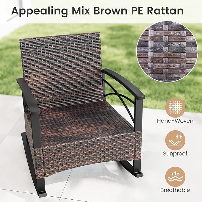 Tangkula 3 Pieces Outdoor Rocking Chairs Set, Rattan Heavy Duty Cushioned
