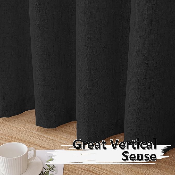 Tollpiz Linen Tier Curtain Rod Pocket Semi Sheer Half Kitchen Curtains Burlap Light Filtering Thick Linen Drape for Bathroom, 30 x 36 inches Long, Black, Set of 2 Panels