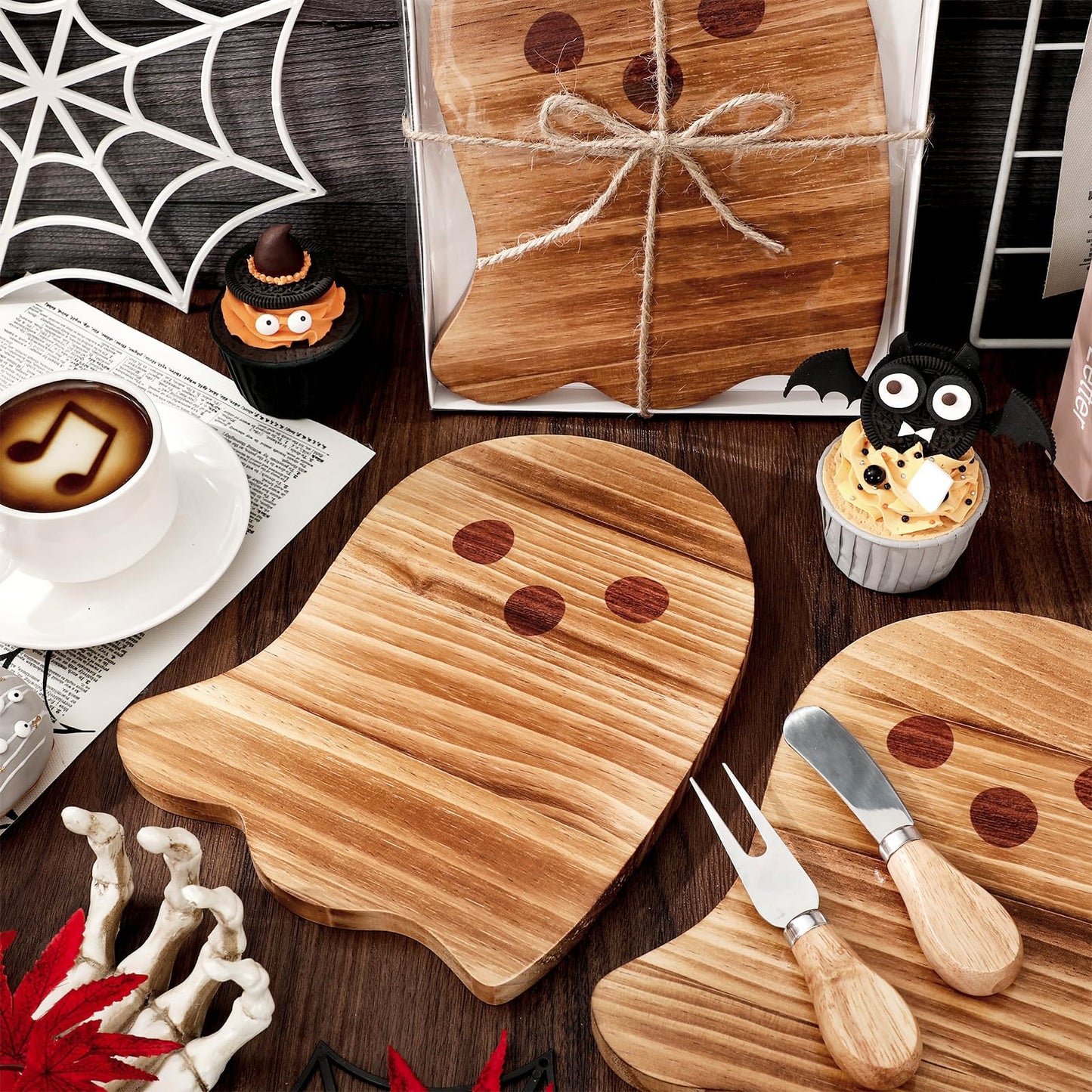 JarThenaAMCS 4 Pack Halloween Cheese Board Cute Ghost Boo Small Cutting Serving Tray Platter with Knife Set for Charcuterie Trick or Treat Party Home Decoration