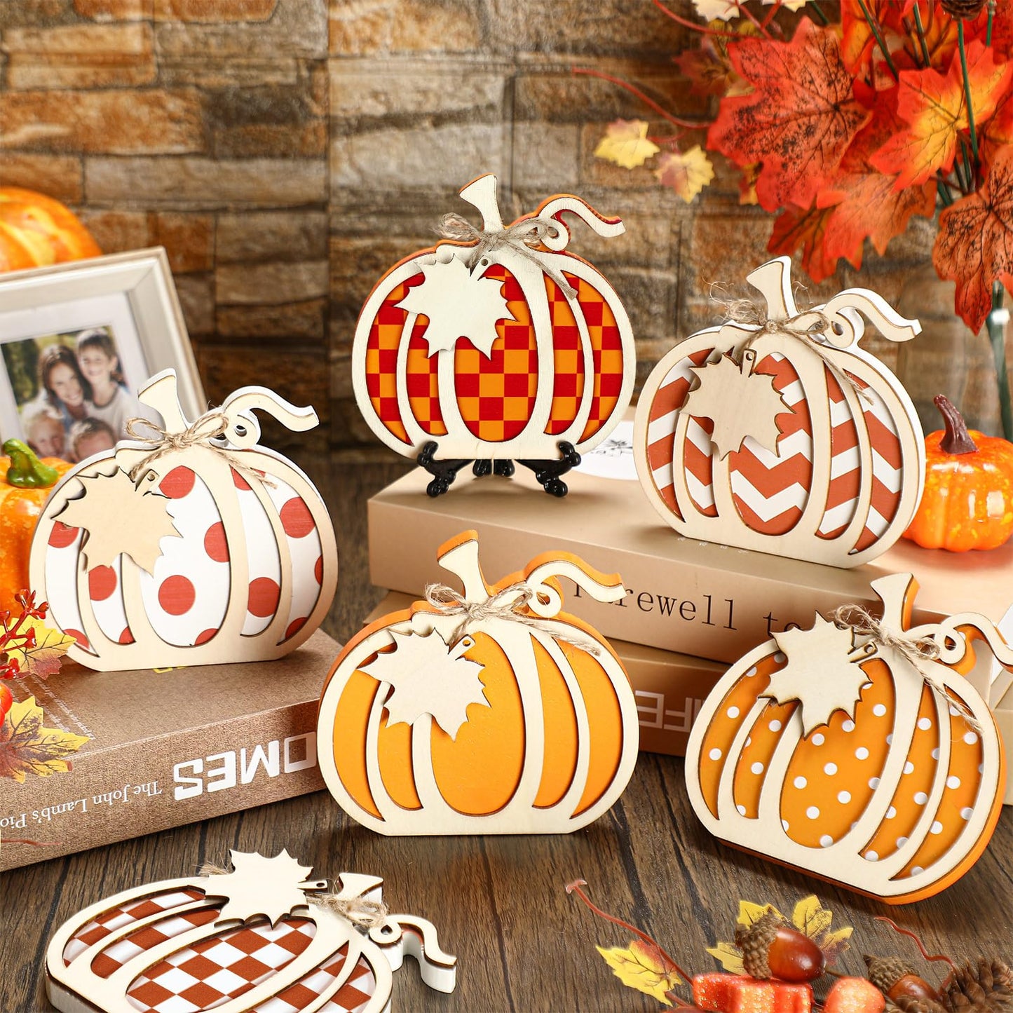 6 Pcs 3D Pumpkin Tabletop Signs Fall Wooden Pumpkin Signs Thanksgiving Harvest Pumpkin Table Block Fall Plaid Wood Standups Fall Thanksgiving Tiered Tray Decorations Pumpkin Centerpieces for Home