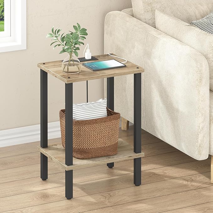 TUTOTAK End Table with Charging Station, Small Side Table with Outlets