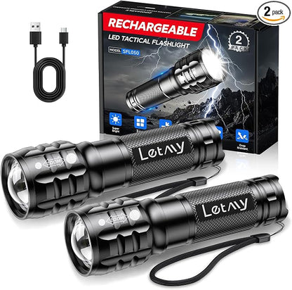 LETMY 2 Pack Rechargeable Flashlights High Lumens, 3 Modes Bright Small Flashlight for Home Tactical Flashlights Rechargeable, Zoomable LED Flashlights Waterproof for Outdoor,Camping Emergency