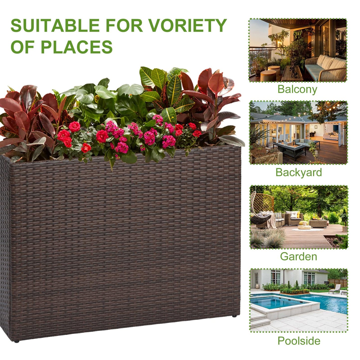 LEWIS&WAYNE Large Rectangular Block Planter Box Handmade Wicker Tall Planters for Outdoor Plants with Removable Liners Modern Planter for Indoor Outdoor Patio Deck - Brown, 38''x11''x30''