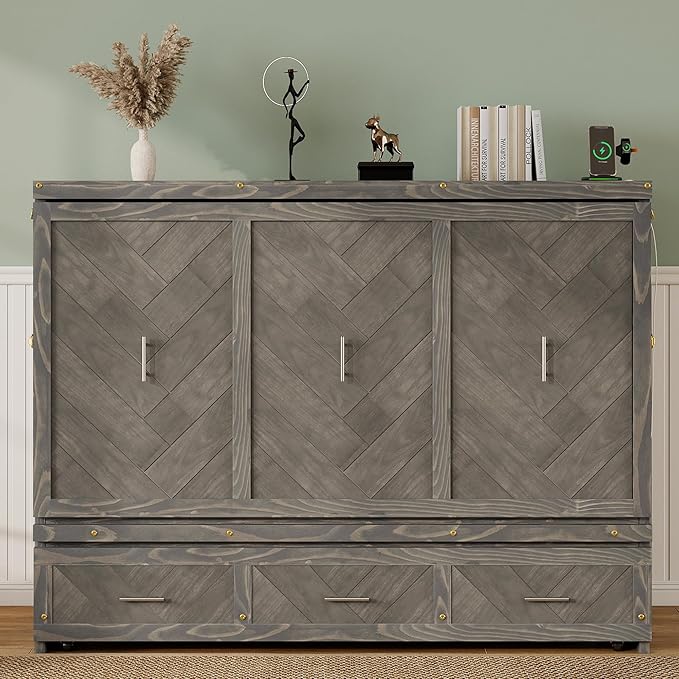 KEIKI Queen Murphy Bed Cabinet Charging Station & Geometrical Panel, Pine Wood