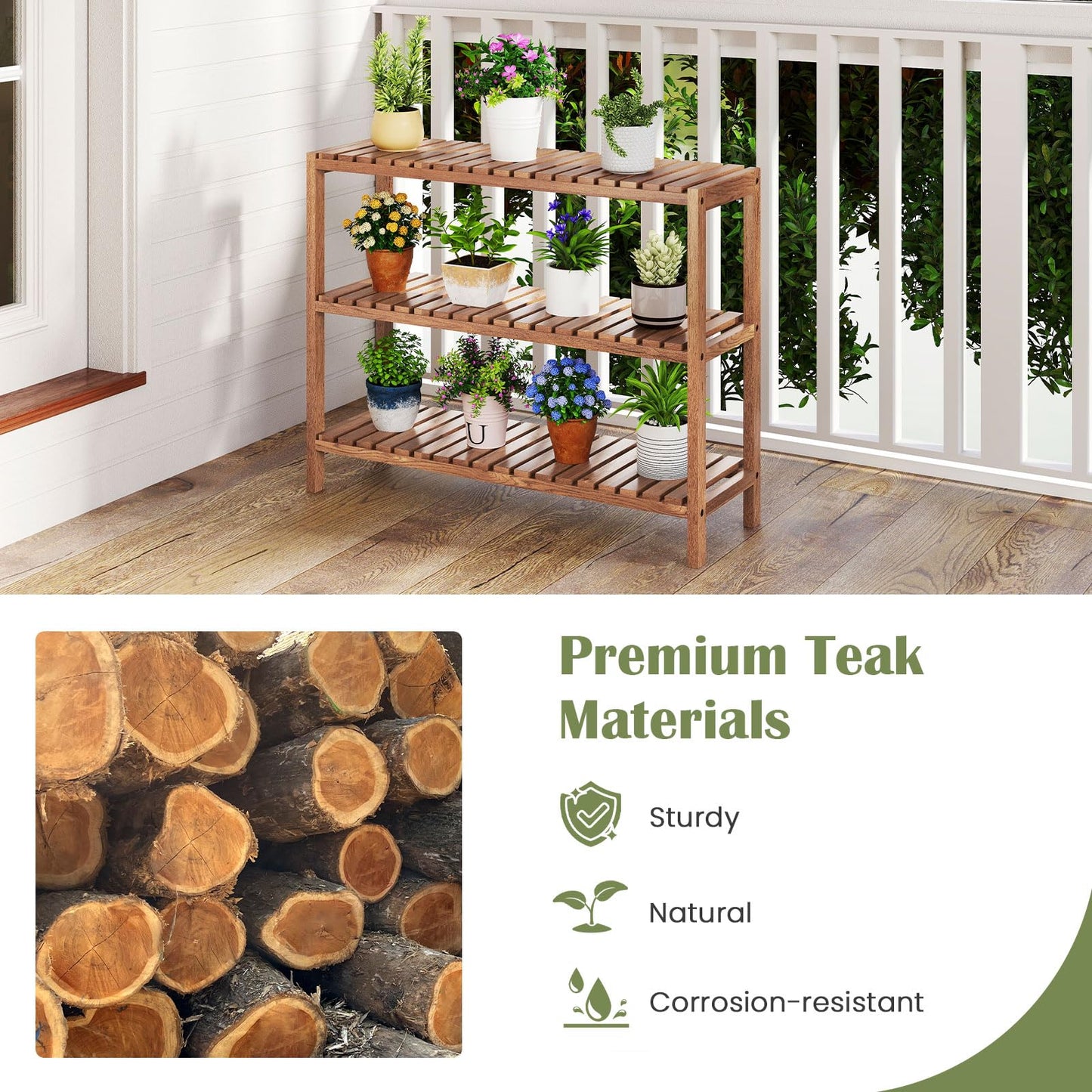 Giantex 3-Tier Wooden Bookshelf, Teak Wood Stand Storage Shelf, Rustic Plant Stand, Slatted Shelves, Farmhouse Storage Organizer, Multifunctional Display Rack for Entryway Living Room Bedroom