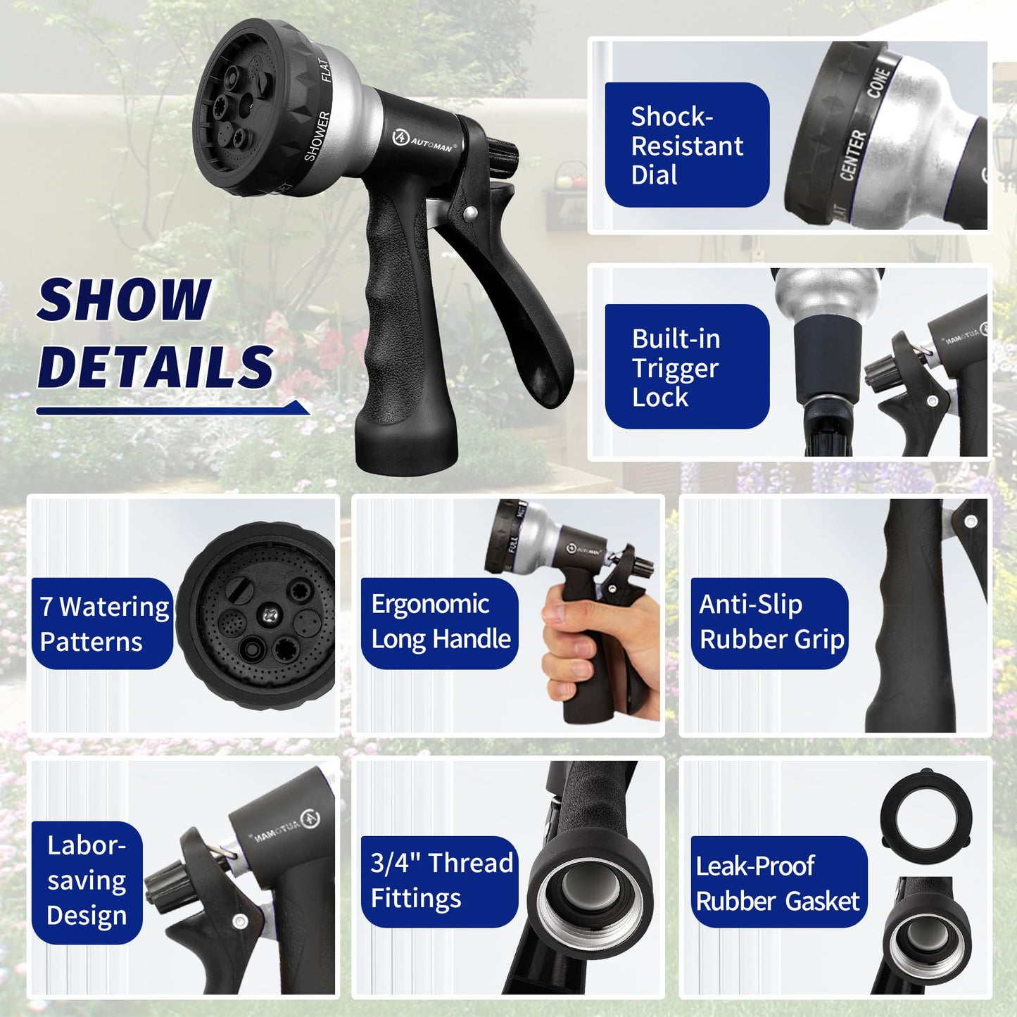 AUTOMAN-Garden-Hose-Nozzle, 2 Pack ABS Water Spray Nozzle, 7 Adjustable Watering Patterns, Slip Resistant for Watering Plants, Lawn& Garden, Washing Car, Showering Pets & Outdoor Fun.Silver Color