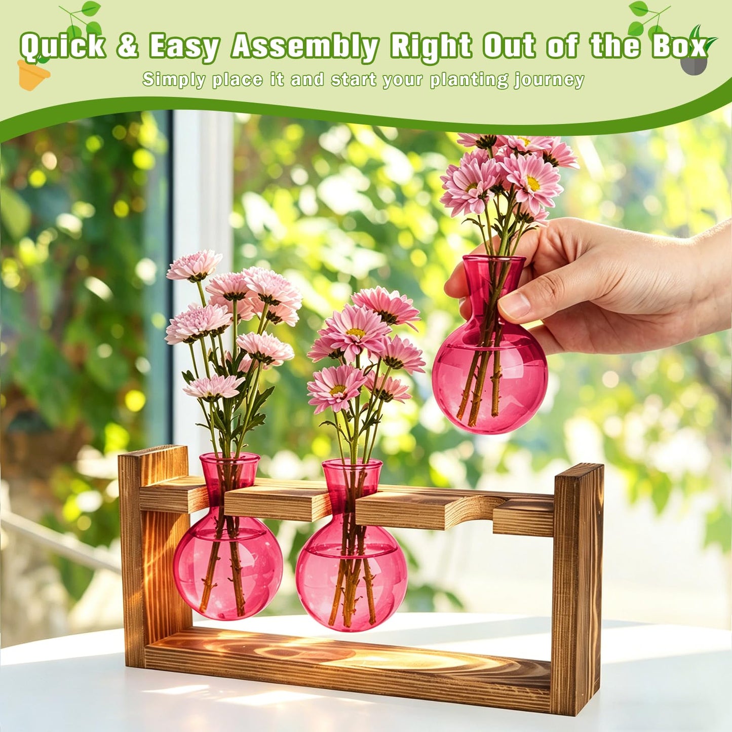 XXXFLOWER Glass Plant Terrarium Propagation Station, Gifts for Mom Plant Lovers Wife Daughter, 3 Bulb Glass Vase Plant Terrarium Tabletop for Hydroponics Home Office Indoor Decor (Pink)