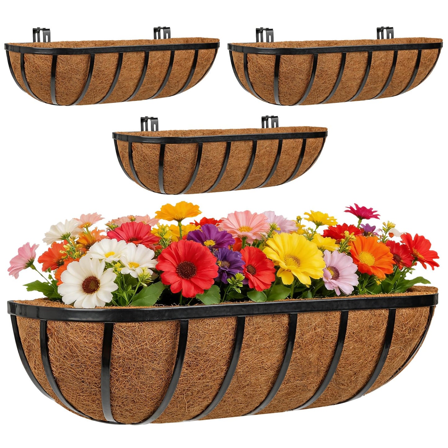 Nature Crafted 24 Inch Railing Planter Boxes with Adjustable Brackets for Hanging Outdoor Plants, Window Box Planter with Coco Liner for Balcony Deck Porch & Patio Garden Decor, 4 Pack & Black