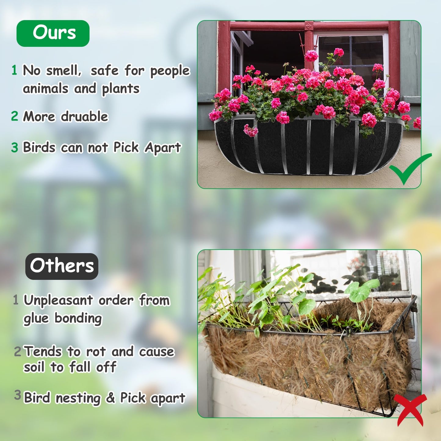 2PCS 30 Inch Window Box Liner Fabric Planter Basket Liner Trough Planter Insert Liner Black Hanging Flower Basket Liners Non-Woven Felt Plant Liner for Planters Fence Garden - Avoid Bird Nesting