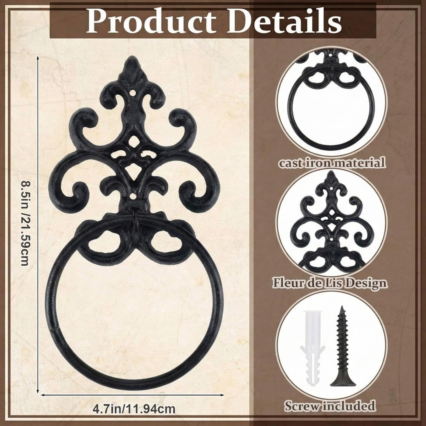 Otoolling 1 Pc Black Vintage Cast Iron Solid Towel Ring Fleur De Lis Design Antique Towel Holder for Bathroom Kitchen Accessories Wall Mounted Christmas Party Gifts