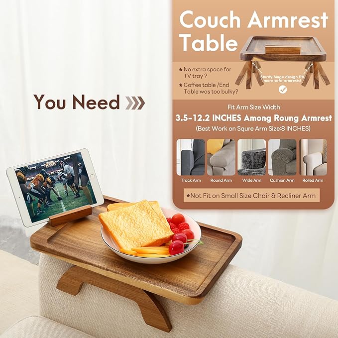SINWANT Couch Arm Table, Acacia Wood Sofa Arm Rest Tables Couch Armrest Table