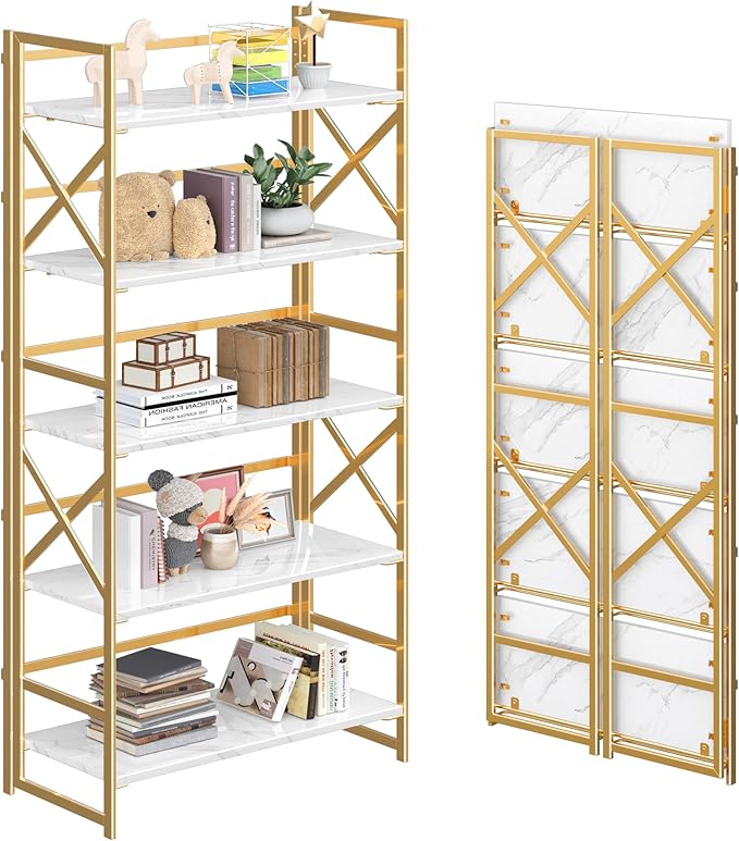 4NM 5 Tiers No Assembly Book Shelves, 51.2" H Folding Bookshelf Bookcase Open