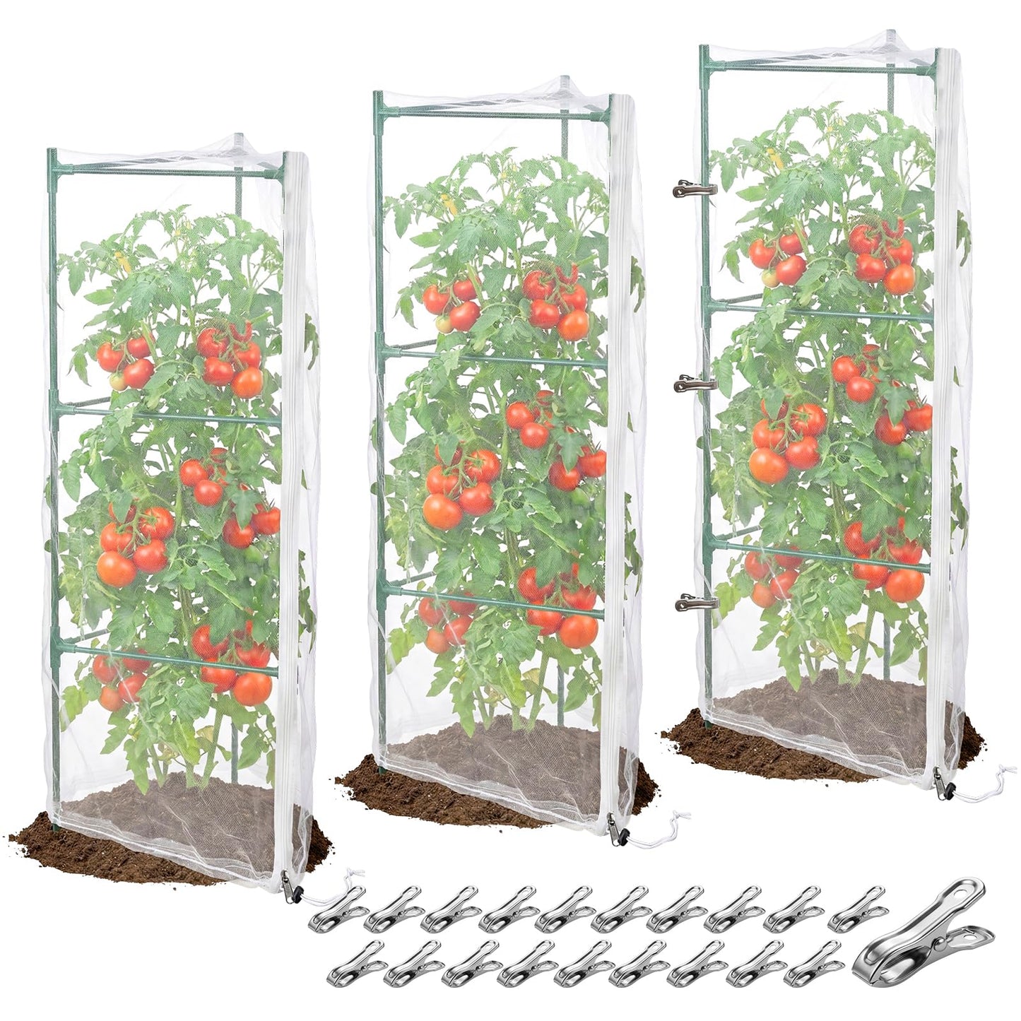 3Pcs Garden Bird Netting Plant Cover for Tomato Cage, 55" x 17.7" Insect Bird Barrier Tomato Cage Net with 20 Clips, Tomato Trellis Plant Netting Cover for Square Tomatoes Cages Plants Protection
