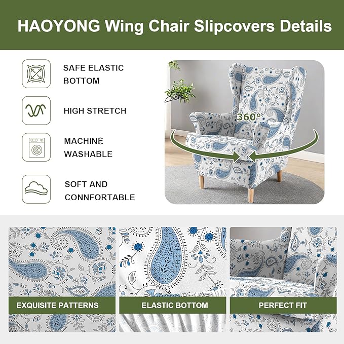 HAOYONG Wing Chair Slipcovers Printed Wingback Chair Covers 2 Pieces Wingback