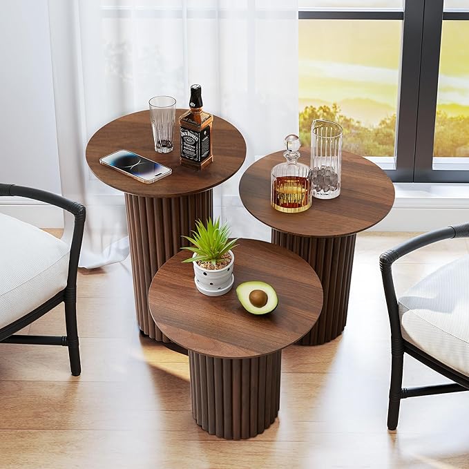 Bifins Round Nesting Coffee Table Set of 3, Mid Century Modern Fluted Coffee