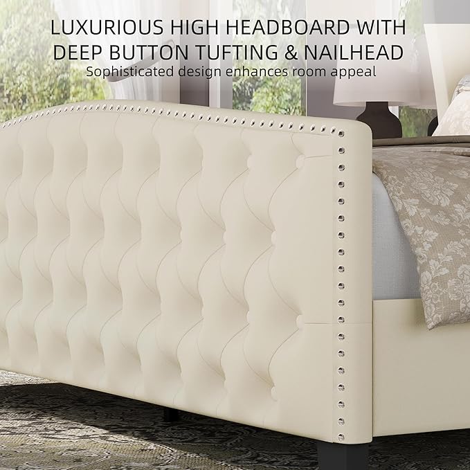 BRELTAM Upholstered King Size Bed Frame Velvet Beige Tufted Platform Bed Frame