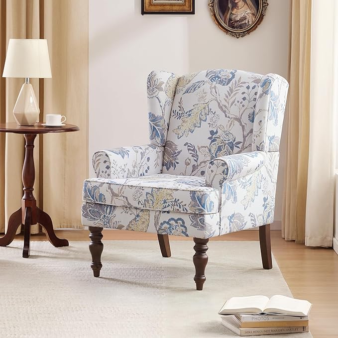 HUIMO Printed Wingback Accent Chair, Linen Upholstered High Back Armchair