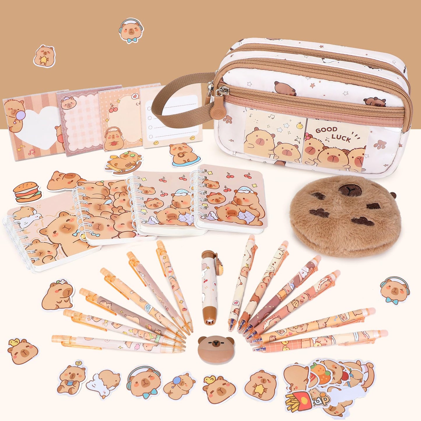 Similove Capybara Theme Backpack for School Girls, 35PCS Kids Backpack Set with School Supplies Stationery Kit Lunch Box Pencil Case, Cute Girls Bookbag for Kindergarten Elementary Student