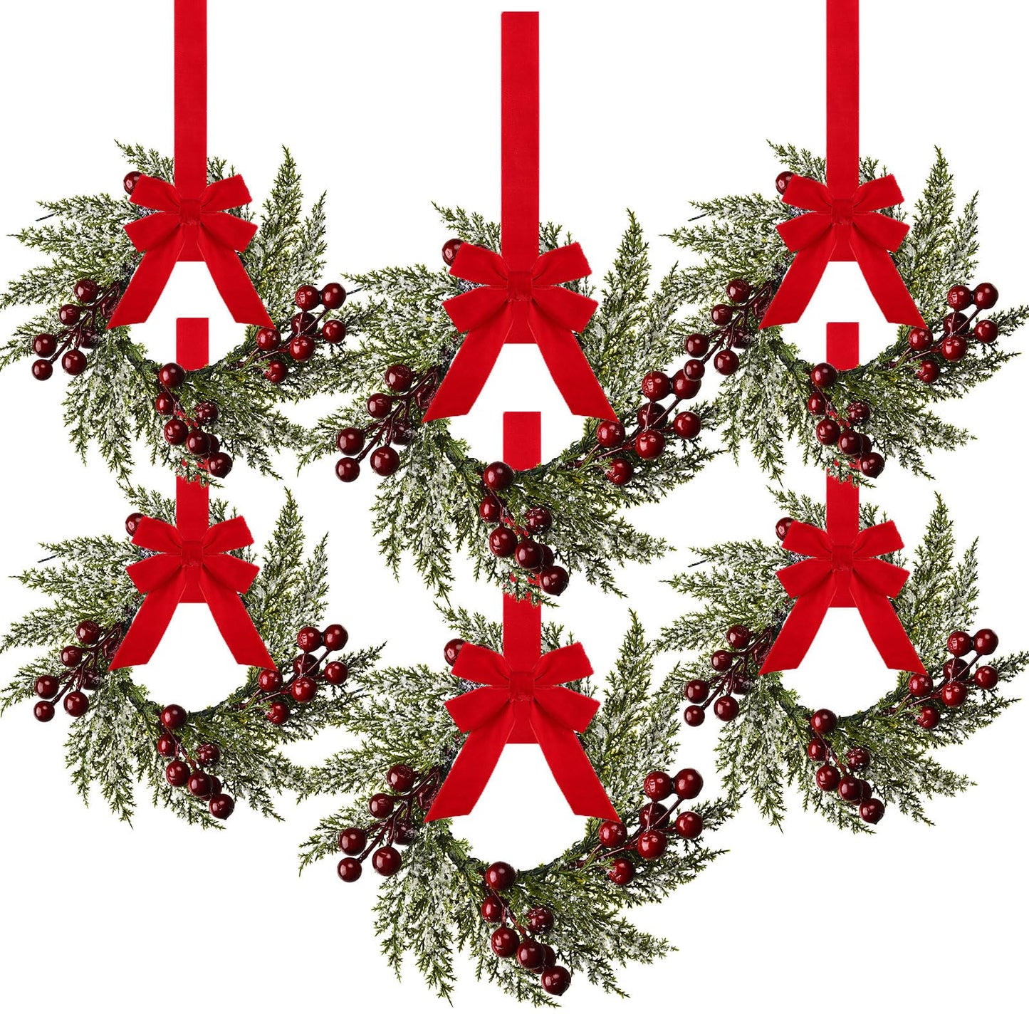 6 Pieces 8" Mini Christmas Wreaths - Small for Kitchen Cabinet/Window/Front Door, Artificial Red Berries & Pinecones, Christmas Candle Rings, Table/Farmhouse Decoration (No Ribbon)