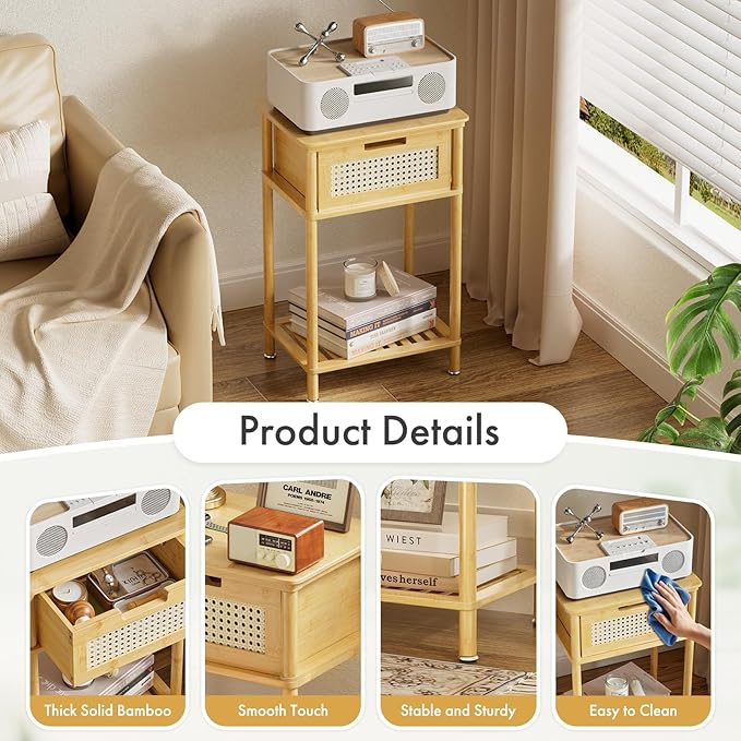 Bamboo Nightstand, Boho Side Table