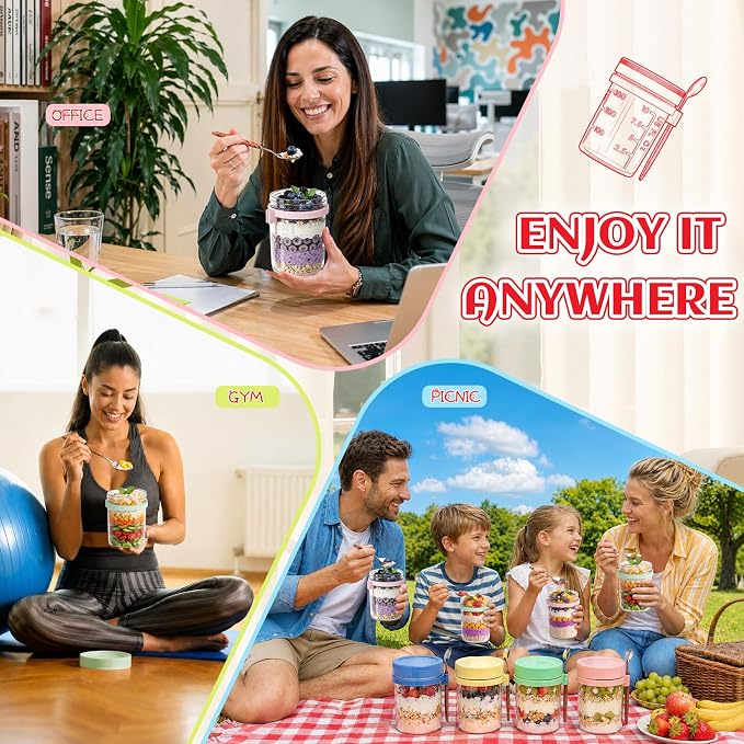 Overnight Oats Containers with Lids 4 Pack Mason Jars 16oz Glass Jar with Lid and Spoons Airtight Food Storage Containers Chia Seed Pudding Jars for Overnight Oats Parfait Yogurt Fruit Salad