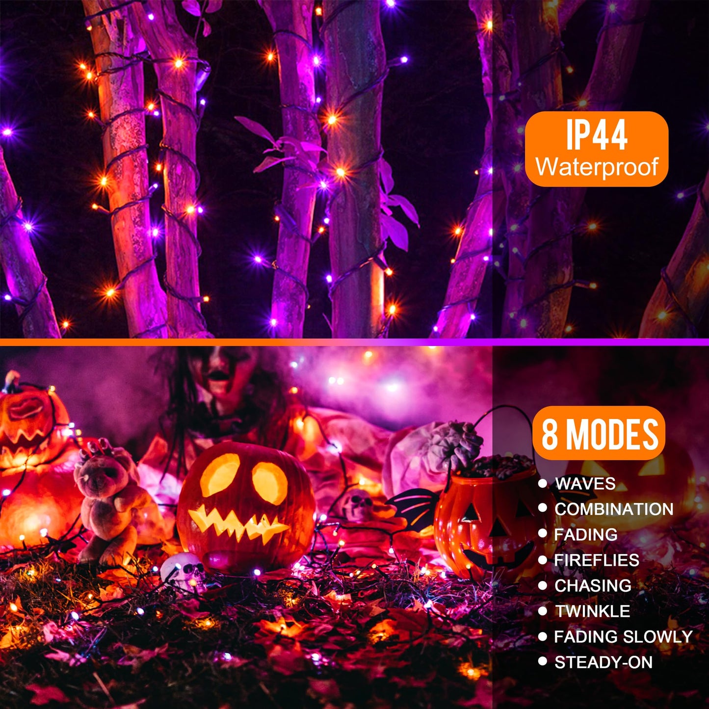 kemooie 164 FT 250 LED Halloween Lights, Black Wire Plug in Fairy Lights with Timer Function, Waterproof String Lights with 8 Modes for Outdoor Halloween Party Porch Patio Garden Decoration
