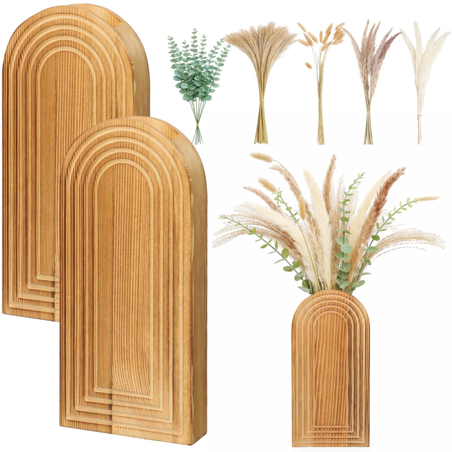 LemonRoad Boho Wooden Wall Vases Set of 2 with Artificial Eucalyptus and Pampas Grass Dried Flower Rustic Hanging Wood Planter Vase Wall Mounted Farmhouse Bohemian Decor for Home Entryway Living Room