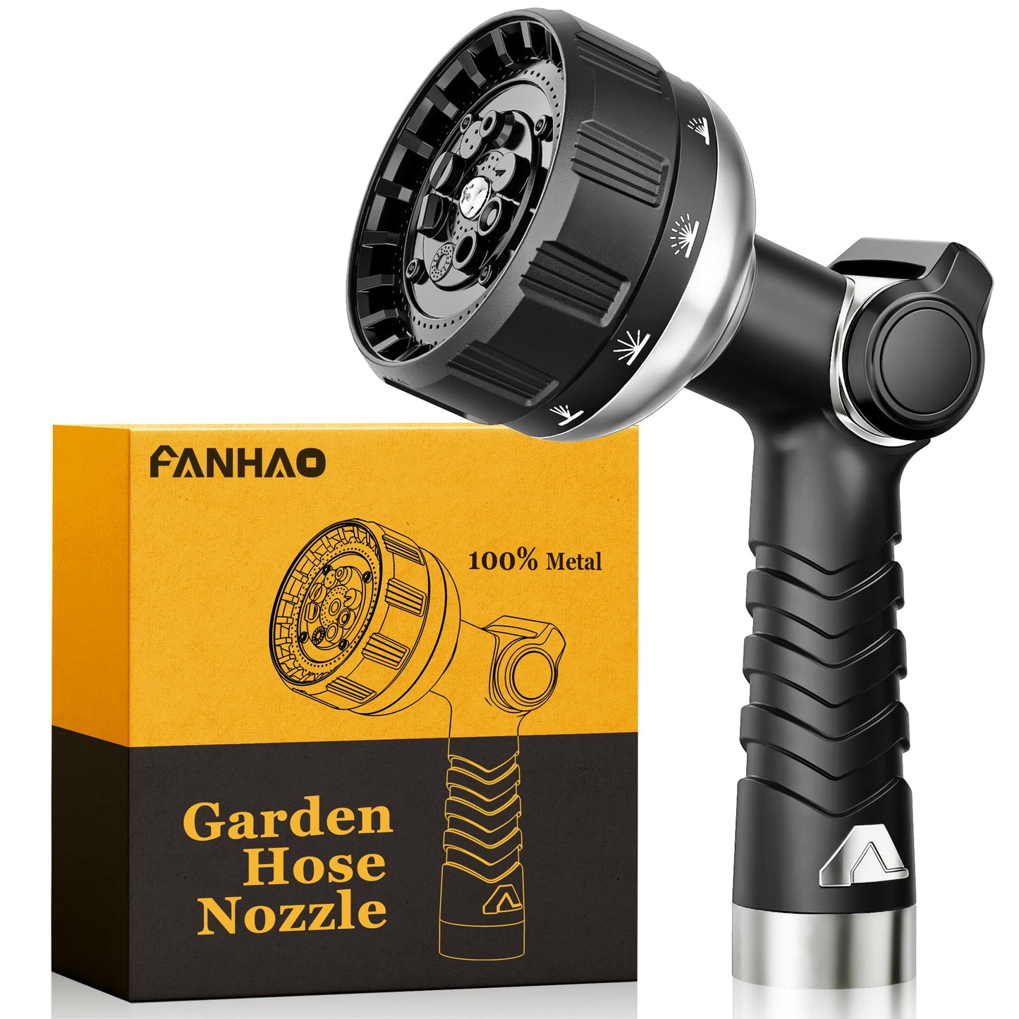 FANHAO Heavy Duty Garden Hose Nozzle, 100% Metal Water Hose Sprayer with 10 Spray Patterns, High Pressure Thumb Control On/Off Valve Water Nozzle for Plants Watering, Car & Pet Washing