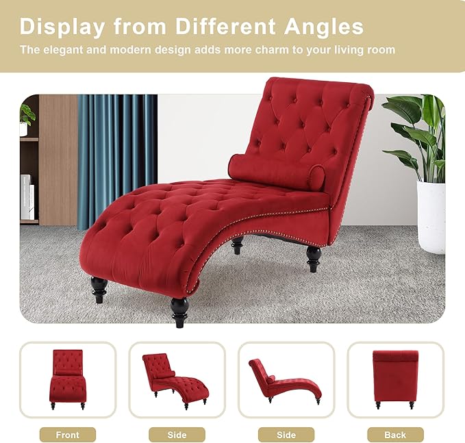 Chaise Lounge Indoor, Velvet Upholstered Lounge Chair Button-Tufted Armless