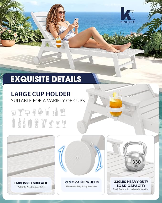 KINGYES HDPE Lounge Chair Outdoor, Patio Chaise Lounge Recliner