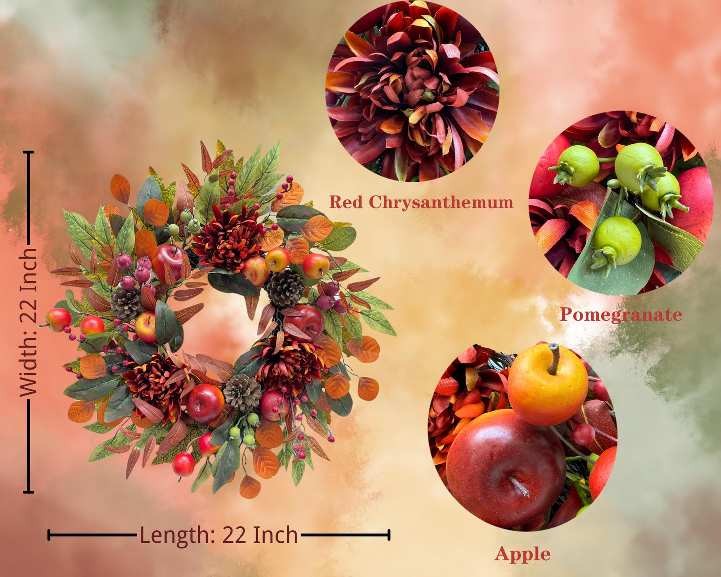 Svndlyn 22 Inch Fall Chrysanthemum Wreath Harvest Floral Wreath with Apples Pinecones Berries and Eucalyptus Maple Leaves for Fall Thanksgiving Halloween Mantel Table Outdoor Front Door Wall Window