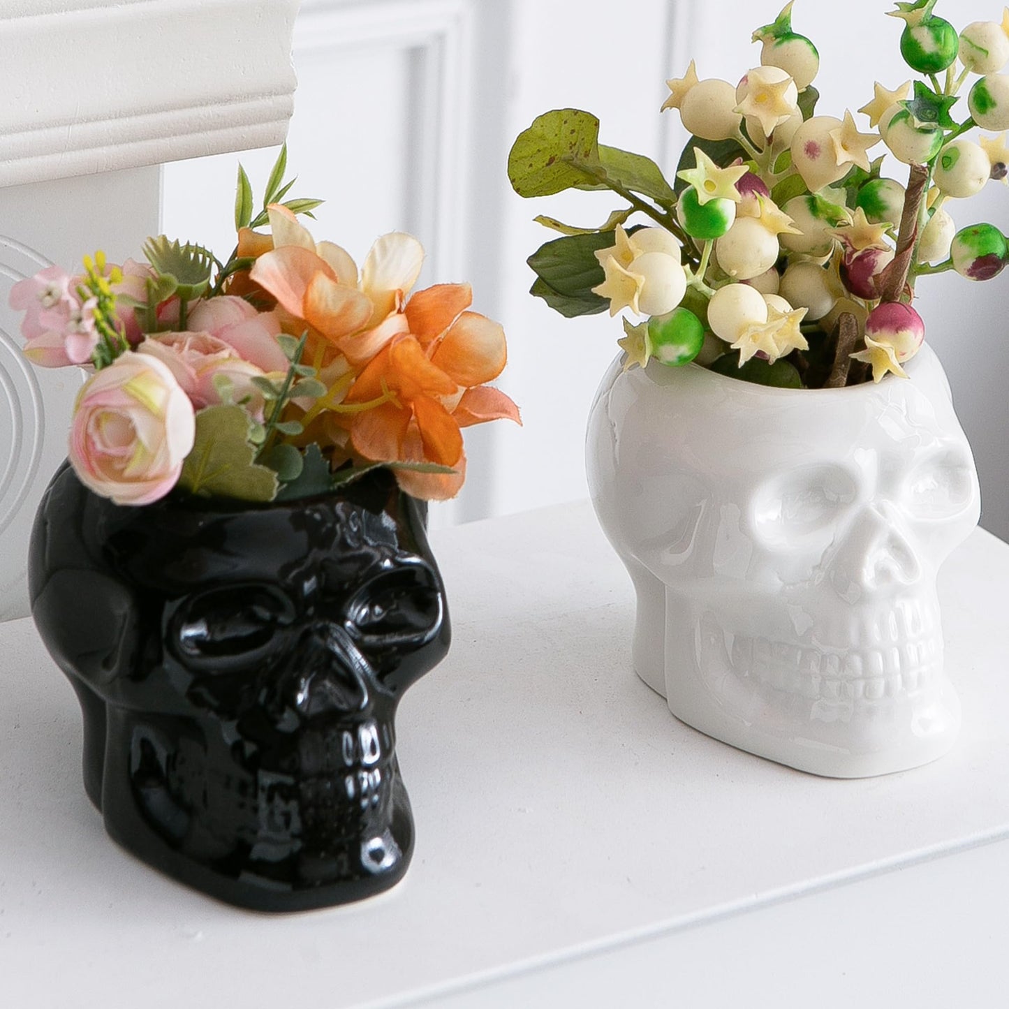 Tanvecle 2 Pcs Skull Planter Pots, Skeleton Vase/Bowl for Flowers, Succulent, Cactus and Candy, for Gothic Home Office Desk, Halloween and Day of The Dead Decorations - White and Black