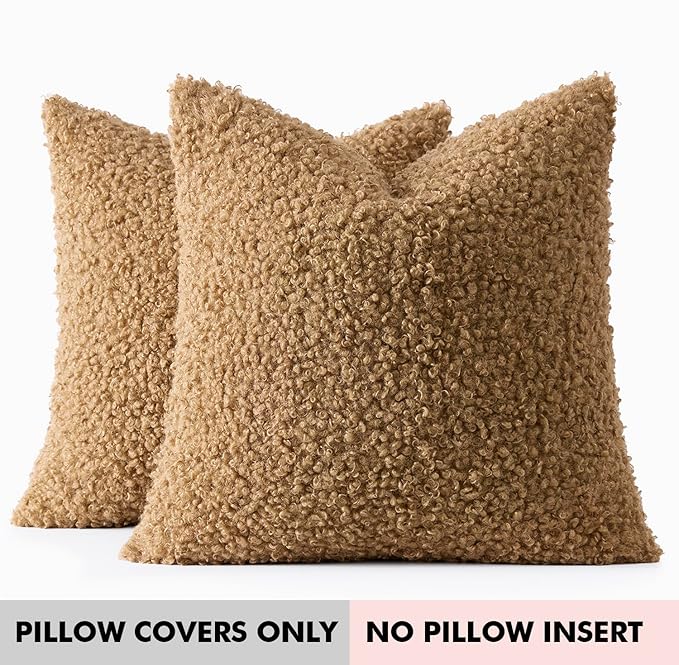 Faux Fur Throw Pillow Covers 18x18 Inch Set of 2 Boucle Neutral Decorative