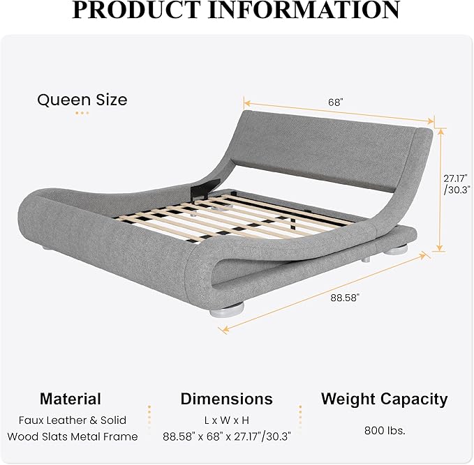 SHA CERLIN Queen Size Upholstered Bed Frame, Deluxe Low Profile Sleigh Bed