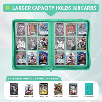 Trading Card Binder 9 Pocket, 360 Pockets Double-Sided Card Album, Premium PU Leather Zipper Card Holder for MTG, TCG, Sports & Game Cards, Must-Have for Collectors（Light Green）