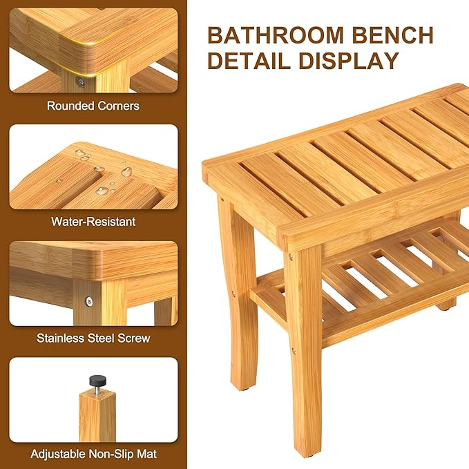 Bamboo Shower Bench Stool with Storage Shelf Waterproof Shower Chair Spa Bath
