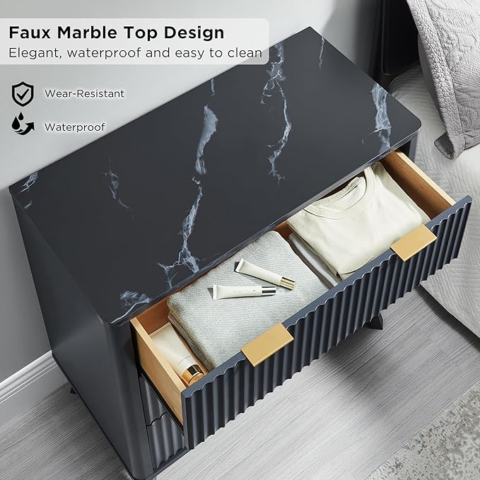 T4TREAM Fluted 3 Drawers Nightstand, Oversized Extra Large Modern Side Table