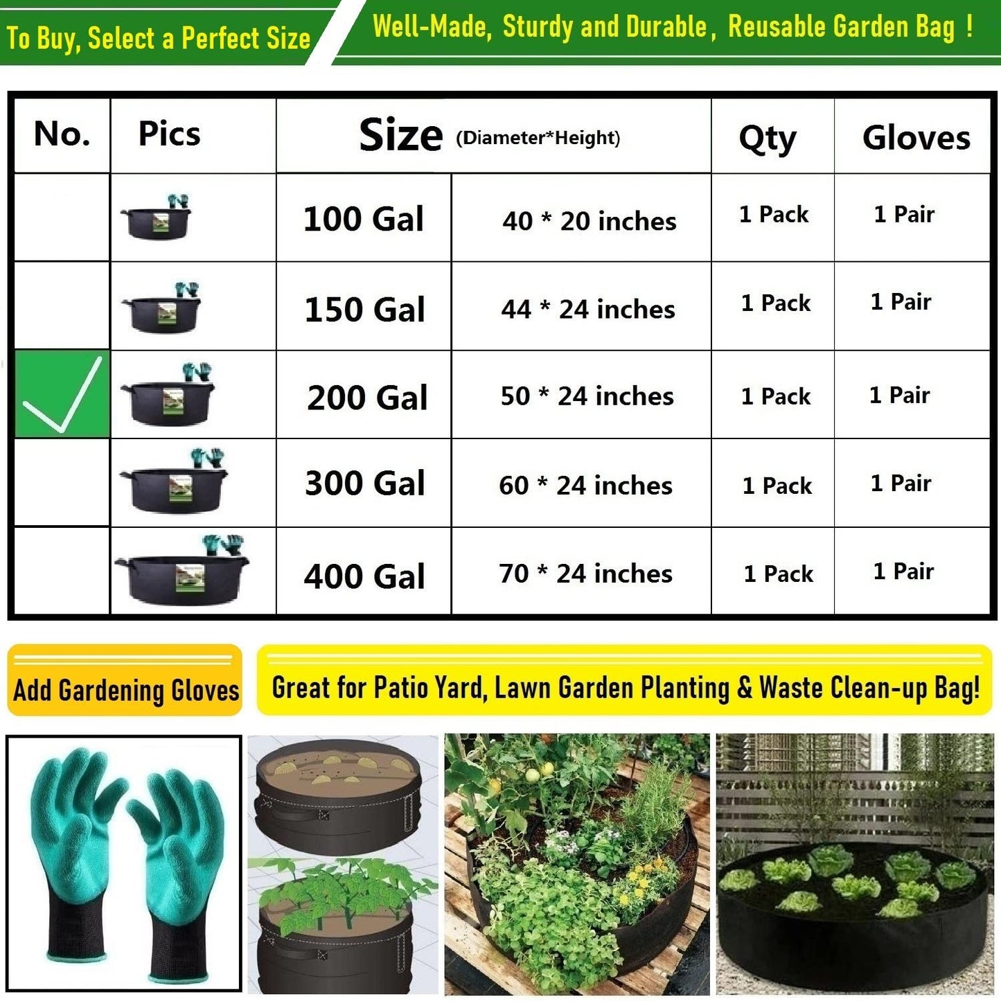 200 Gallon Big Raised Garden Bed Bag (50x24 inch) Large Plant Grow Bag for Tomato,Potato Planter,Herbs Veggies Planter,Flower Bed,Plant Container,Yard Waste,Lawn Debris,Leaf Bag with Gardening Gloves