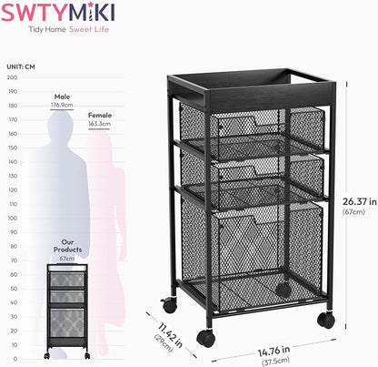 SWTYMIKI Rolling File Cart with Drawers - 4 Tier Under Desk Storage Craft Rolling Organizer Cart - Office Storage &Organization, Mobile Metal Filing Cabinet for Office and Home Black